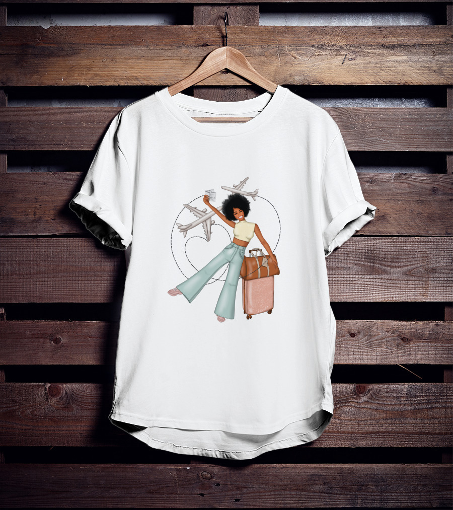 Traveling African American Girl With Suitcase And Airplanes T-Shirt