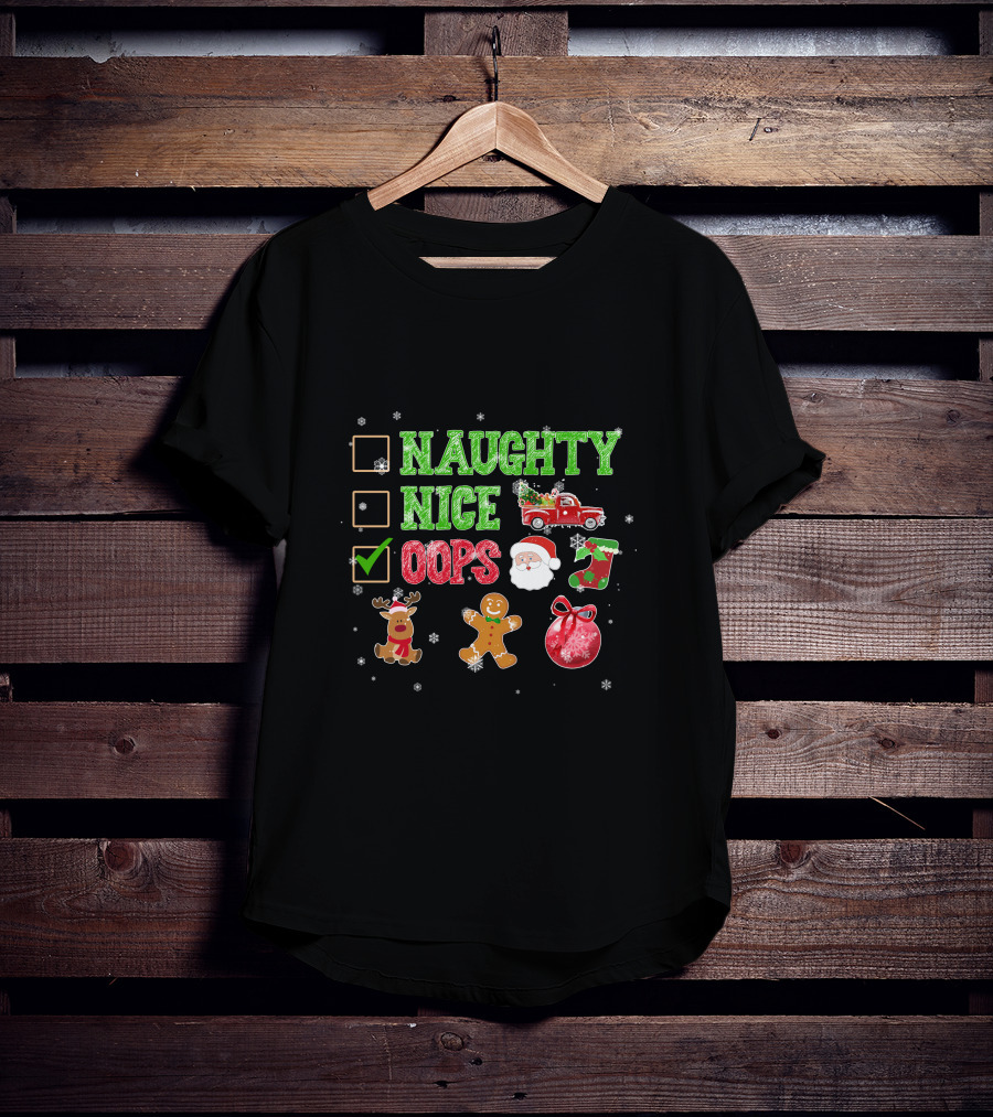 Naughty Nice Oops List Christmas Icons Santa Red Truck Gingerbread Sun Snowflakes T-Shirt