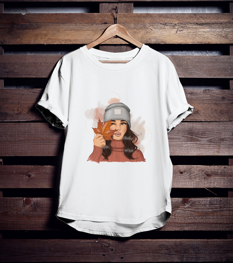 Autumn Girl Cozy Sweater And Beanie With Leaves T-Shirt