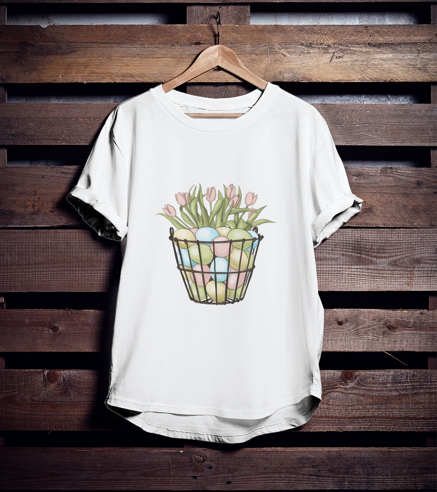 Easter Eggs And Tulips In Basket T-Shirt