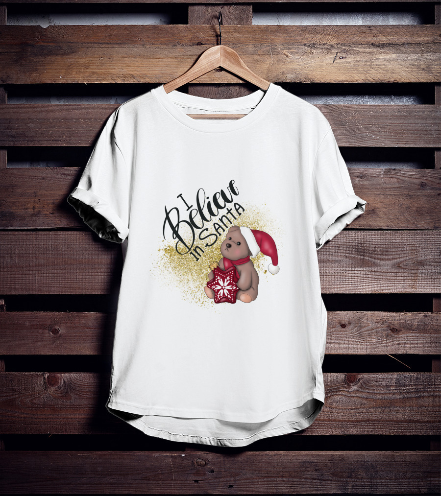 I Believe In Santa Bear With Red Hat And Star Cookie T-Shirt