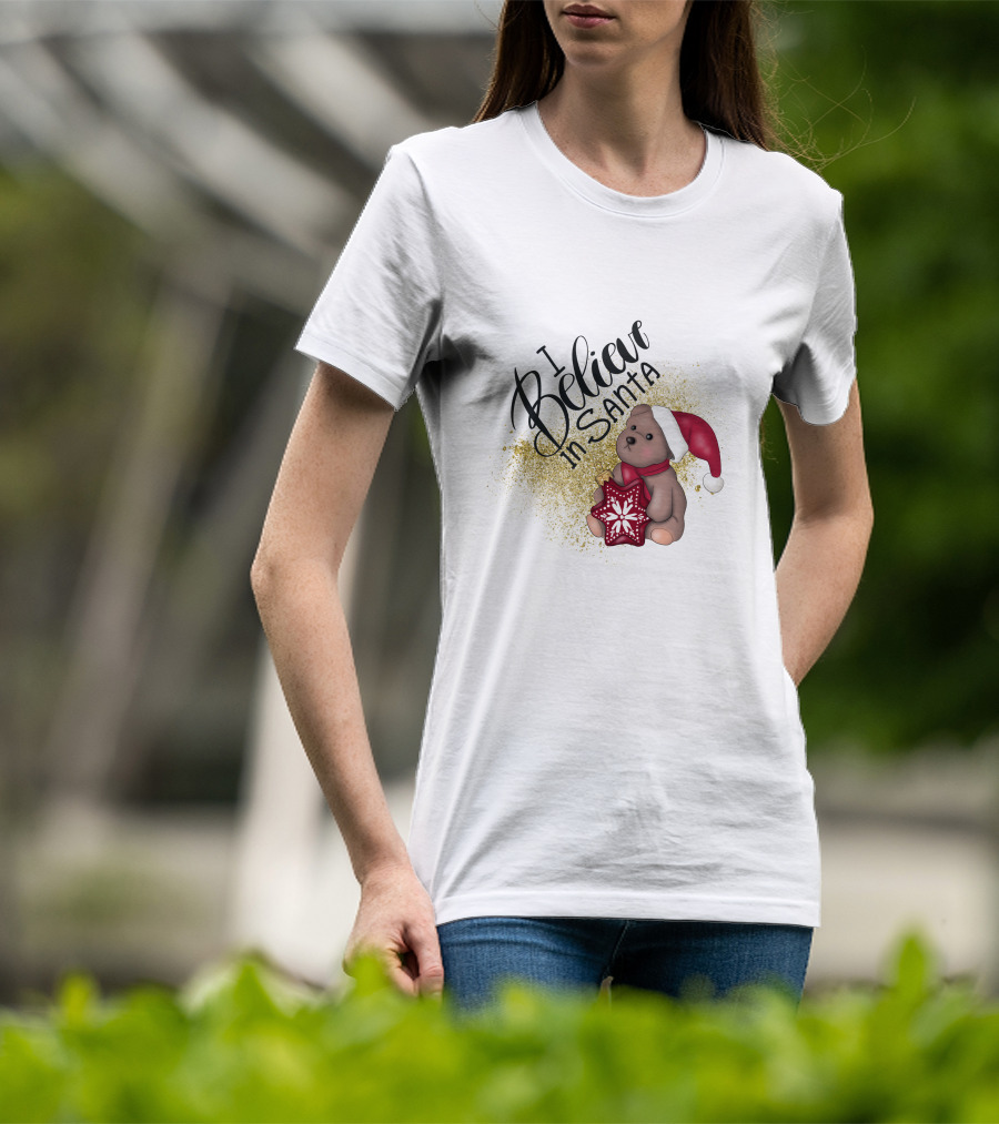 I Believe In Santa Bear With Red Hat And Star Cookie T-Shirt
