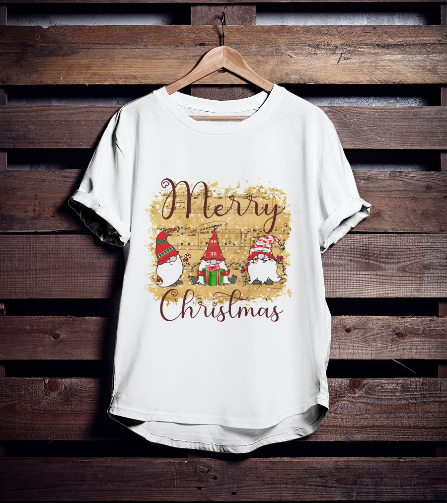 Merry Christmas Gnomies Holiday Music Sheet And Festive Gnomes T-Shirt