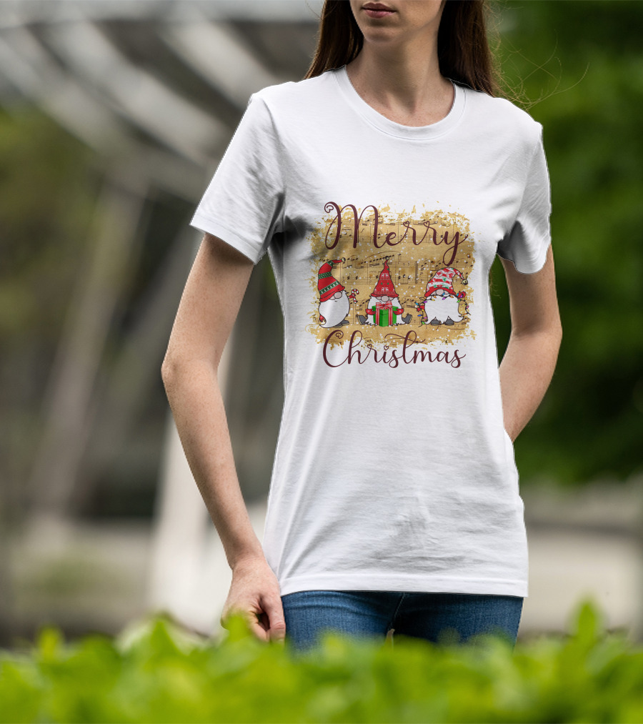 Merry Christmas Gnomies Holiday Music Sheet And Festive Gnomes T-Shirt