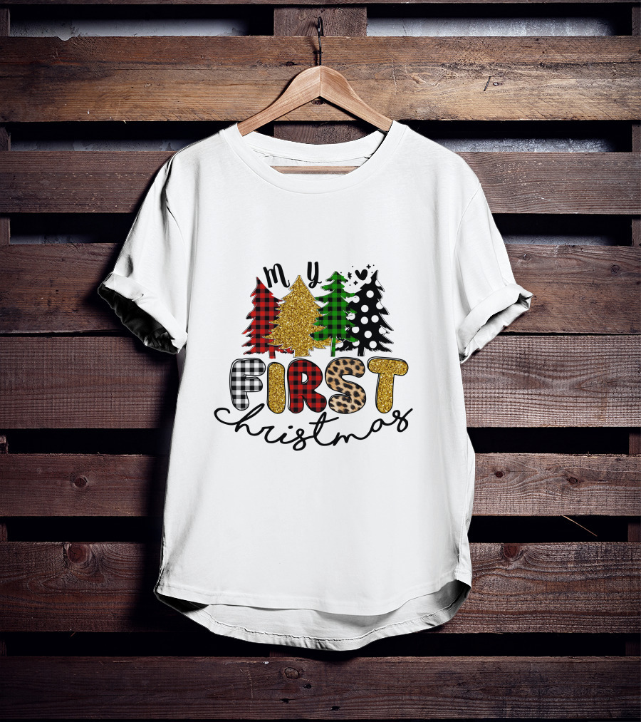 My First Christmas Plaid Glitter Trees Mixed T-Shirt