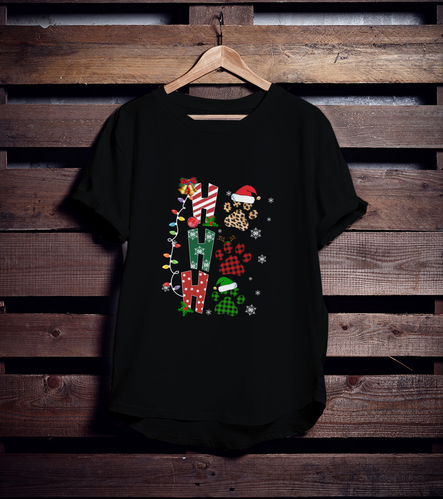 Paws Ho Ho Ho Christmas Lights Santa Hat Leopard Red Green Buffalo Plaid Snowflakes T-Shirt