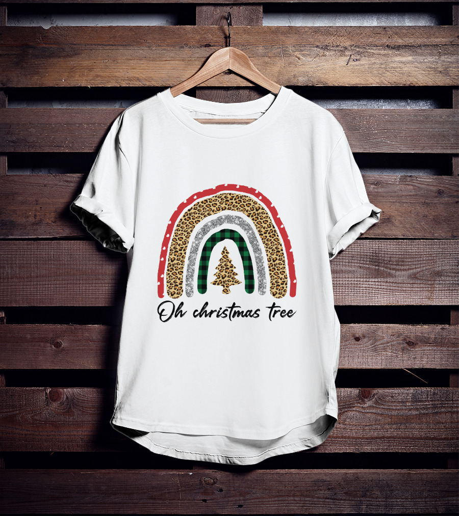 Oh Christmas Tree Leopard Plaid Rainbow T-Shirt