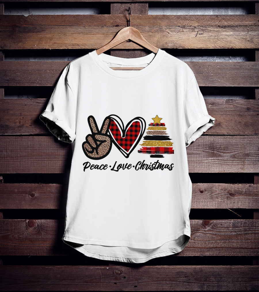 Peace Love Christmas Leopard Plaid Tree Star T-Shirt