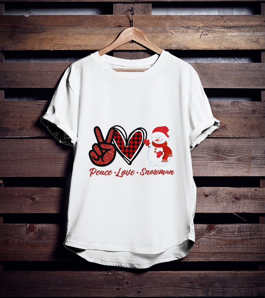 Peace Love Snowman Plaid Heart Glitter Peace Sign T-Shirt