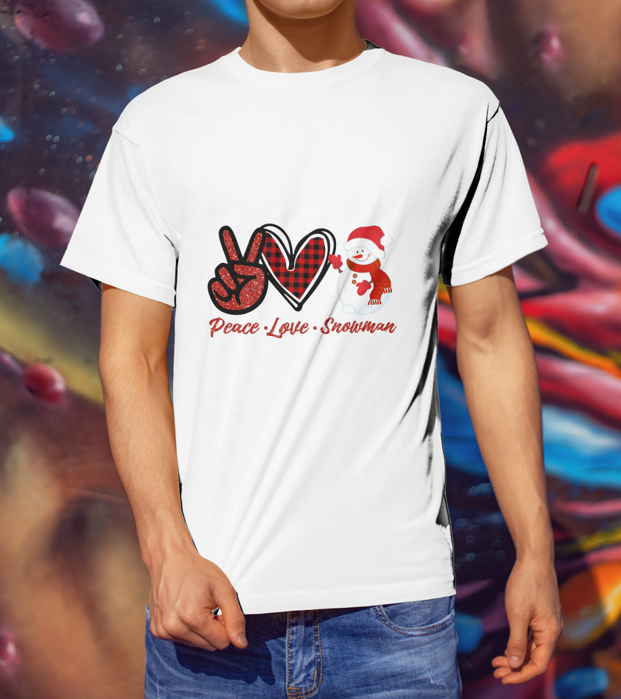 Peace Love Snowman Plaid Heart Glitter Peace Sign T-Shirt