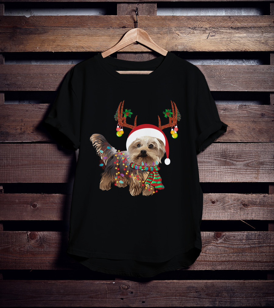 Christmas Cute Dog With Santa Hat And Reindeer Antlers T-Shirt