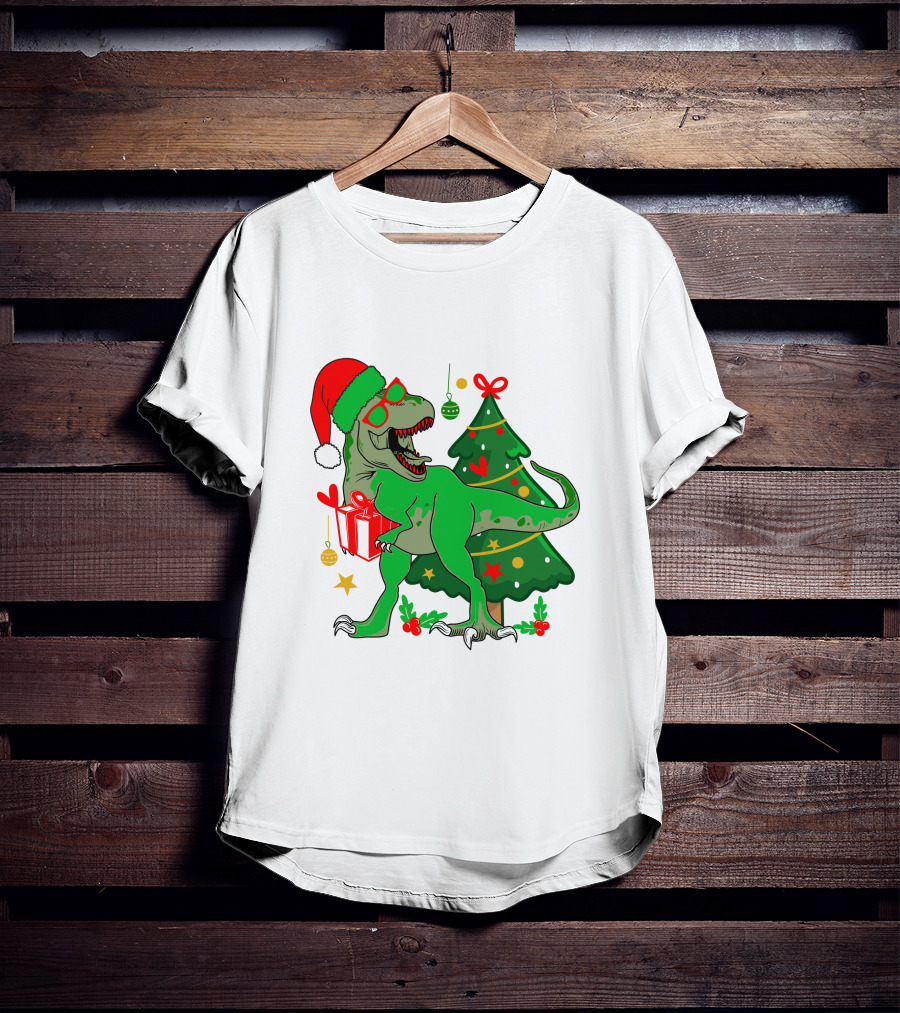 Christmas Dinosaur Santa With Tree And Gift T-Shirt