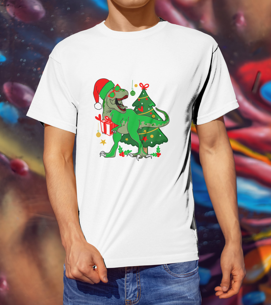 Christmas Dinosaur Santa With Tree And Gift T-Shirt