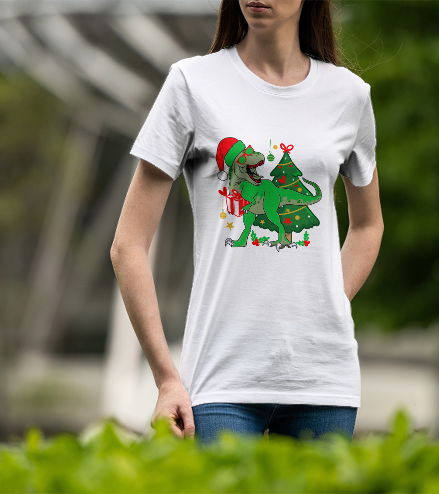 Christmas Dinosaur Santa With Tree And Gift T-Shirt