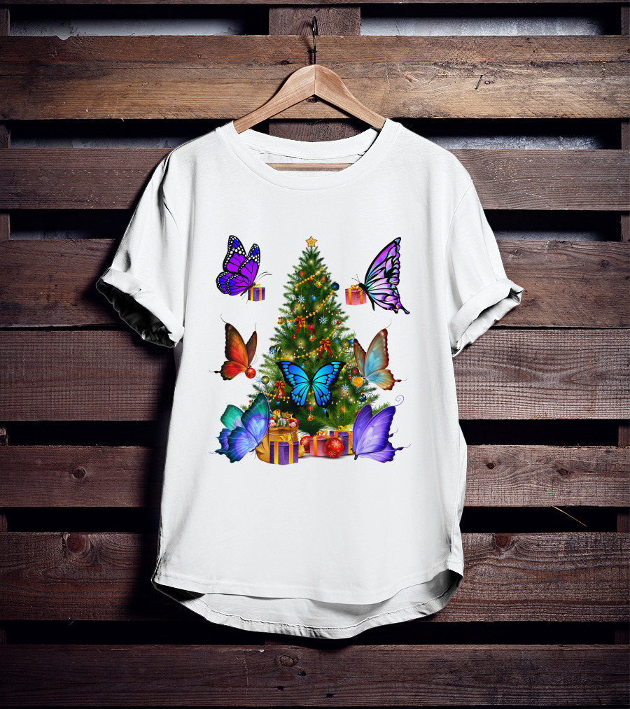 Butterfly Christmas Tree With Colorful Presents And Butterflies T-Shirt