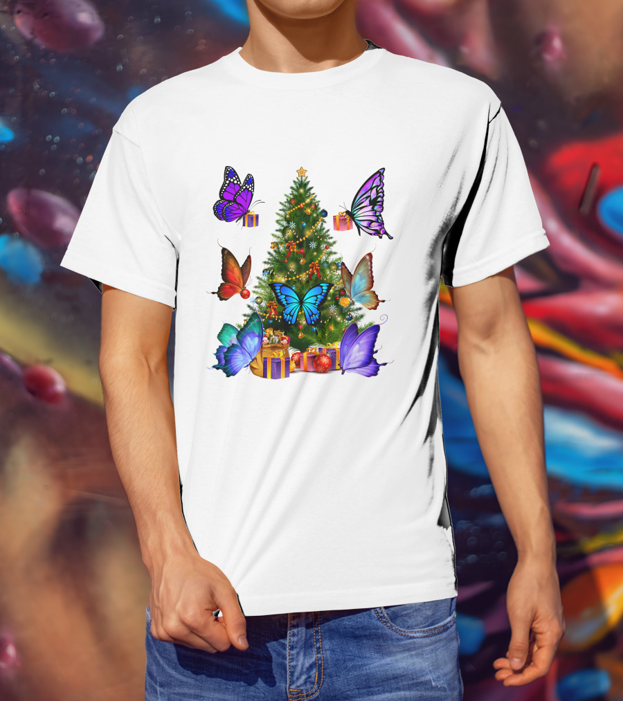 Butterfly Christmas Tree With Colorful Presents And Butterflies T-Shirt