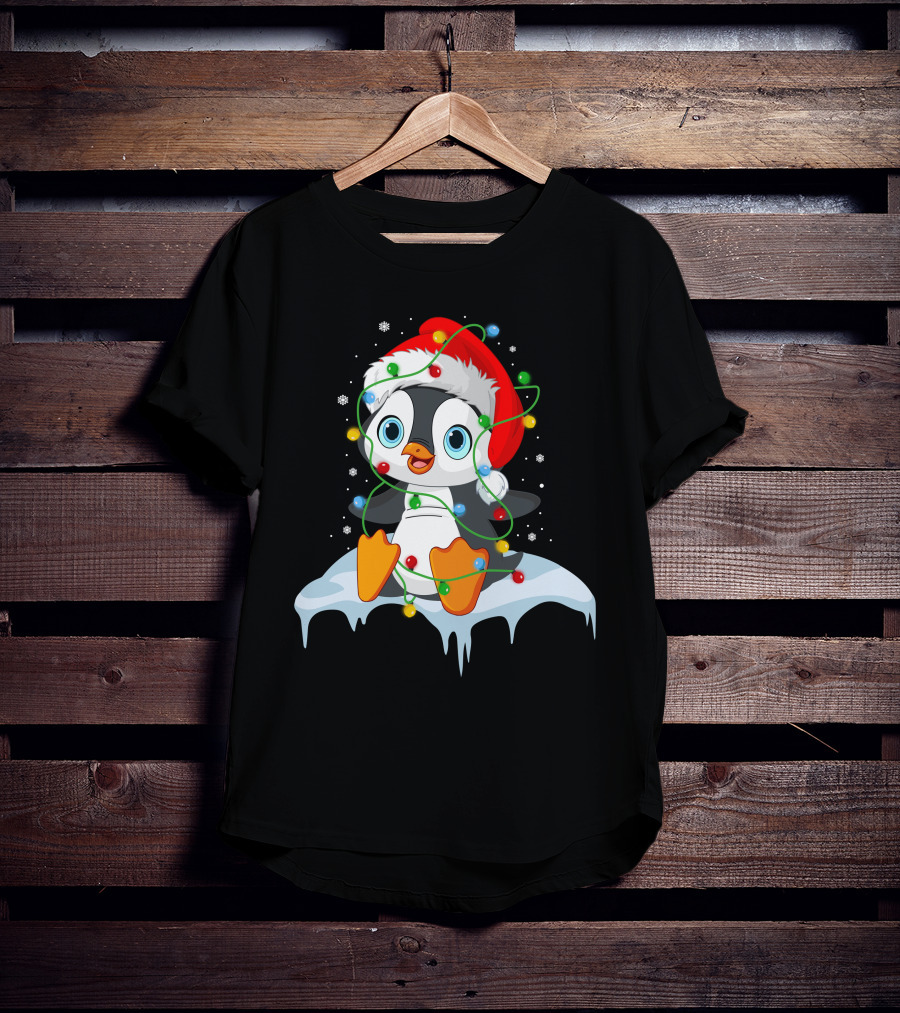 Baby Penguin Santa Christmas Lights Snowflakes T-Shirt