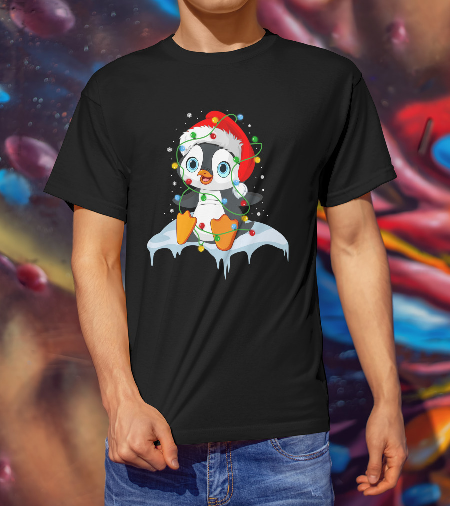 Baby Penguin Santa Christmas Lights Snowflakes T-Shirt
