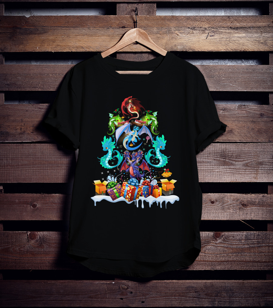 Christmas Dragon Family With Gift Boxes And Snowy Scene T-Shirt