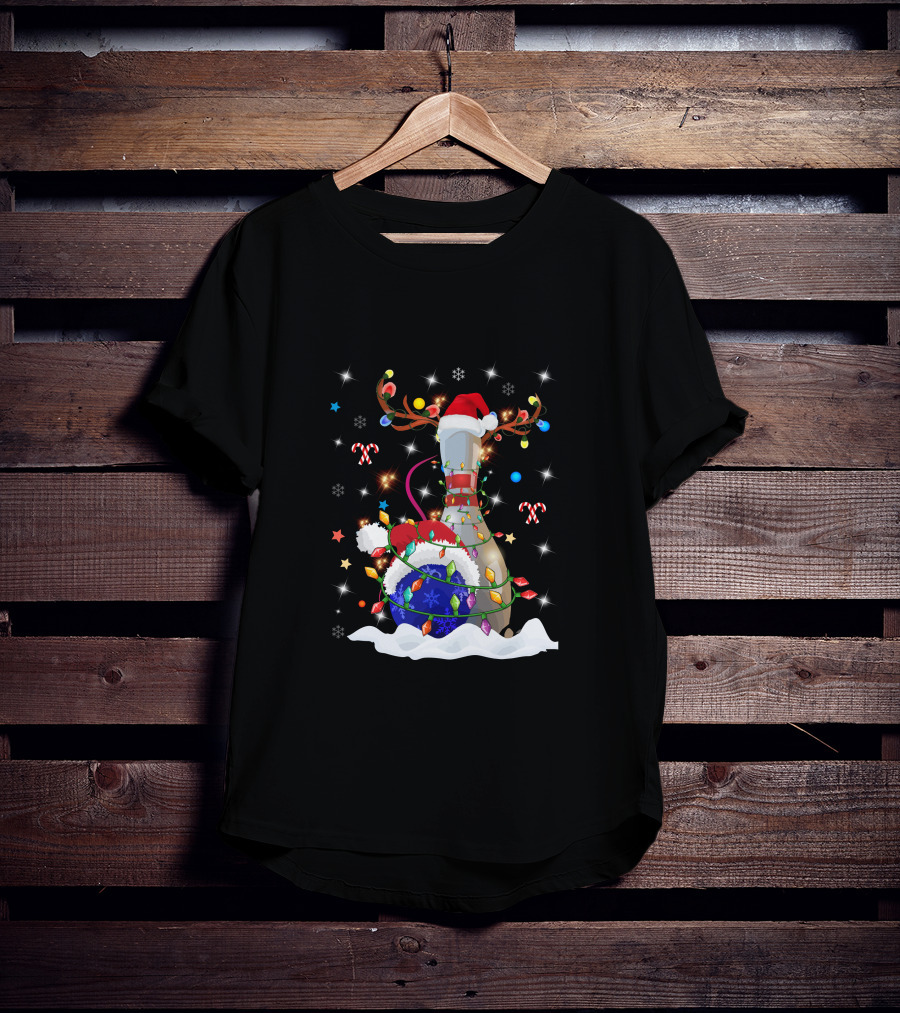 Christmas Bowling Pin With Lights And Santa Hats T-Shirt