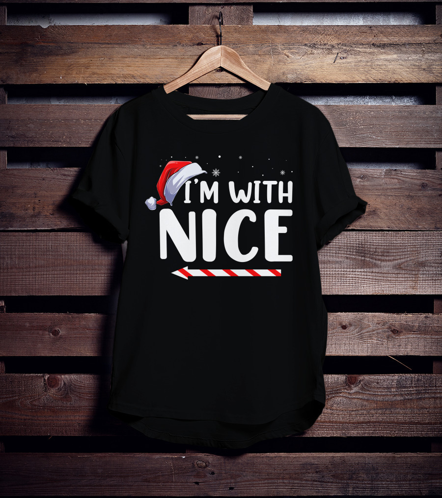 I'm With Nice Christmas Santa Hat Candy Cane Arrow T-Shirt