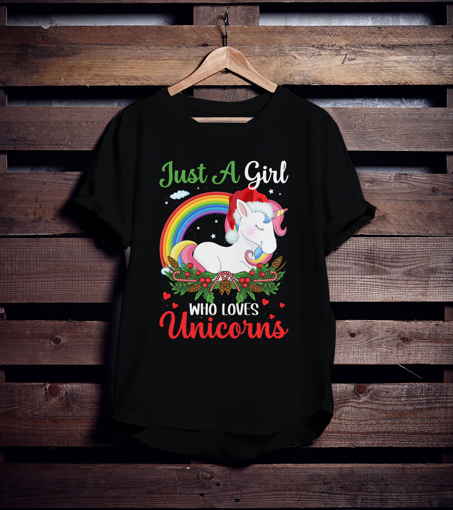 Just A Girl Who Loves Unicorns Rainbow Christmas Santa Hat T-Shirt