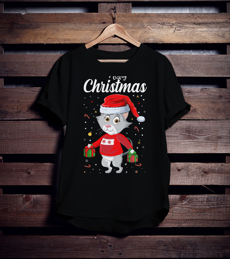 Merry Christmas Catboy With Santa Hat And Gifts T-Shirt