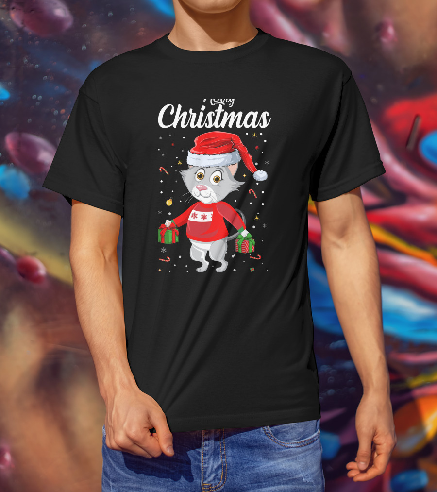 Merry Christmas Catboy With Santa Hat And Gifts T-Shirt