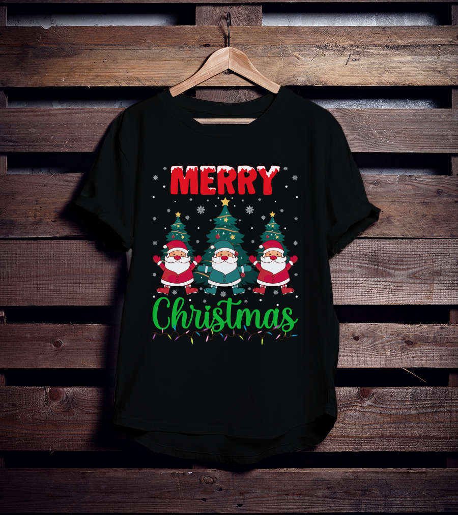 Merry Christmas Santa Gnome Snowflakes Trees Stars Lights T-Shirt