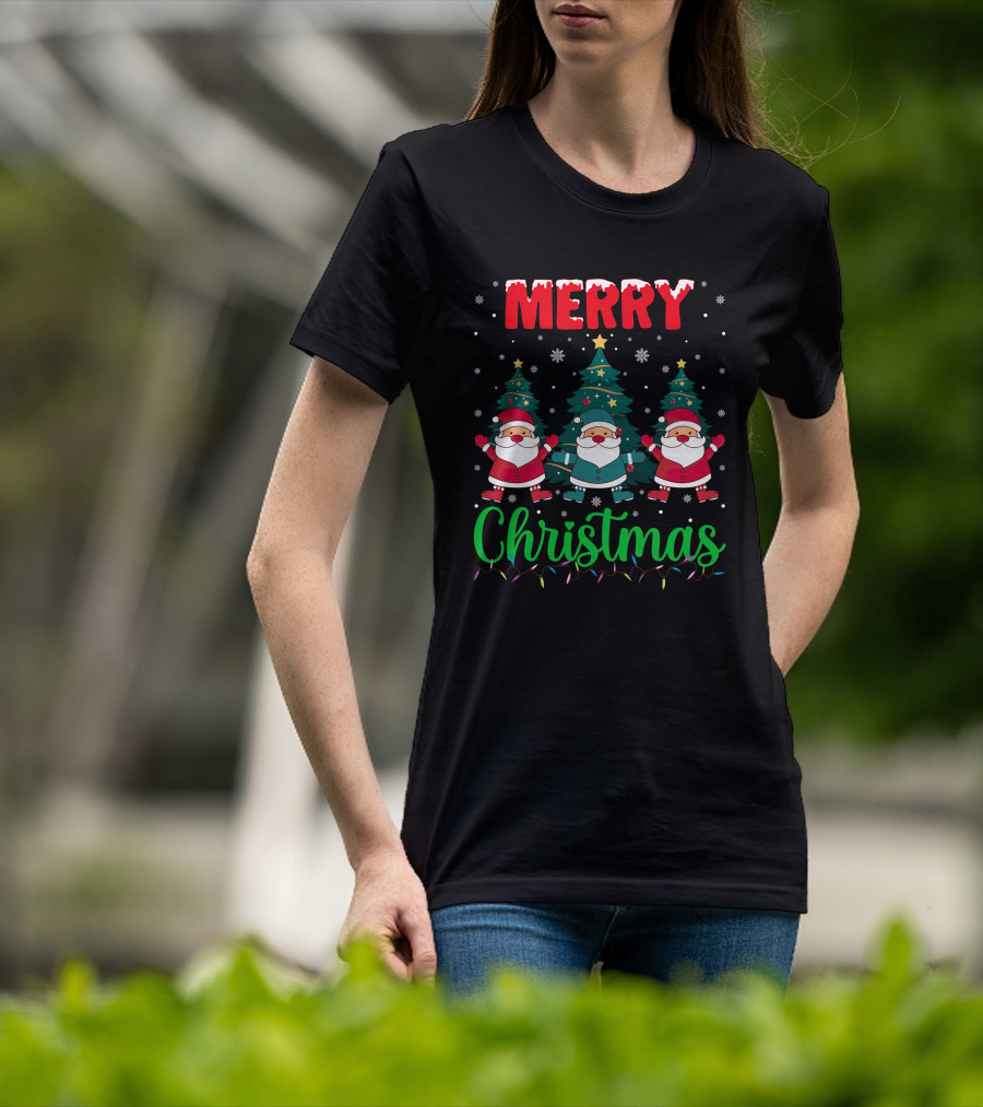 Merry Christmas Santa Gnome Snowflakes Trees Stars Lights T-Shirt