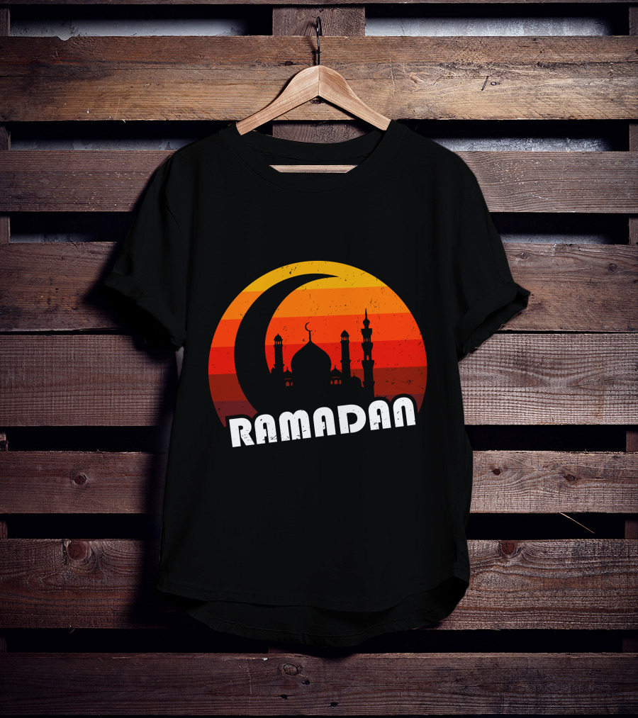 Ramadan Mosque Silhouette Crescent Moon Sunset Background T-Shirt