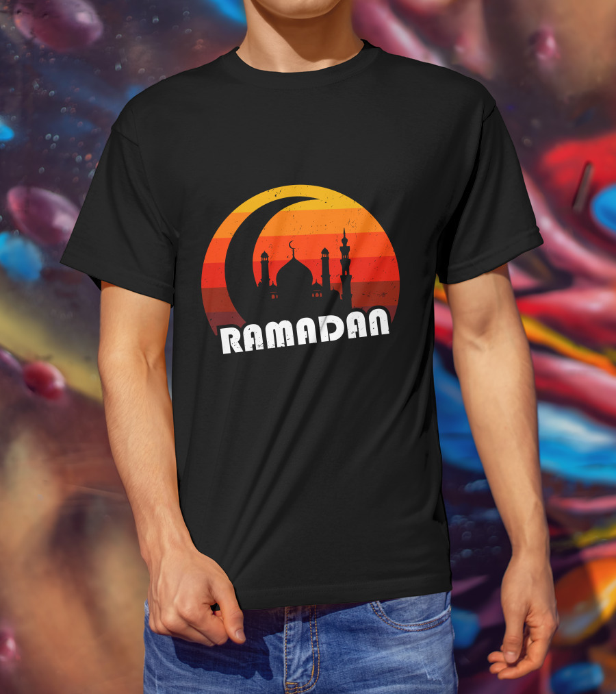 Ramadan Mosque Silhouette Crescent Moon Sunset Background T-Shirt