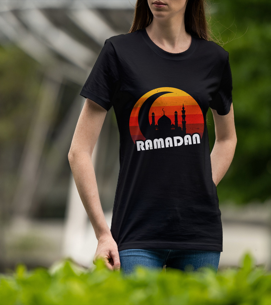 Ramadan Mosque Silhouette Crescent Moon Sunset Background T-Shirt