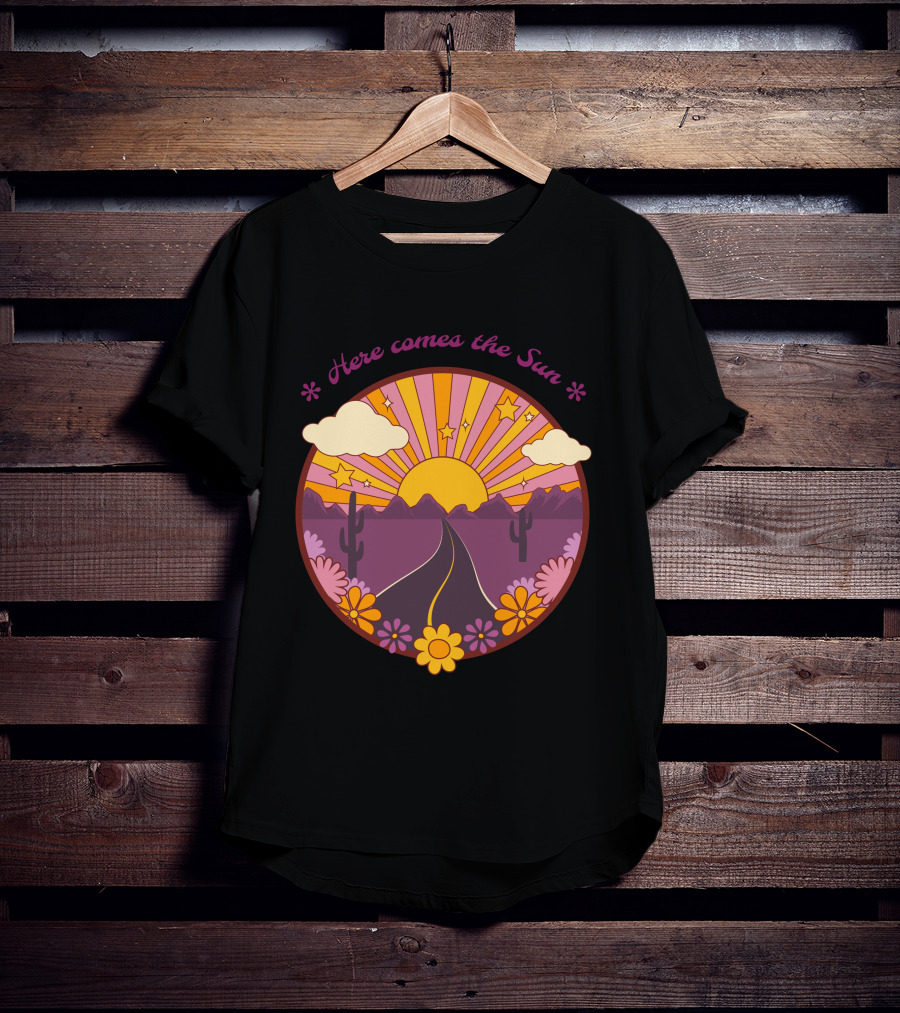 Here Comes The Sun Groovy Sunburst Desert Road With Flowers And Stars T-Shirt