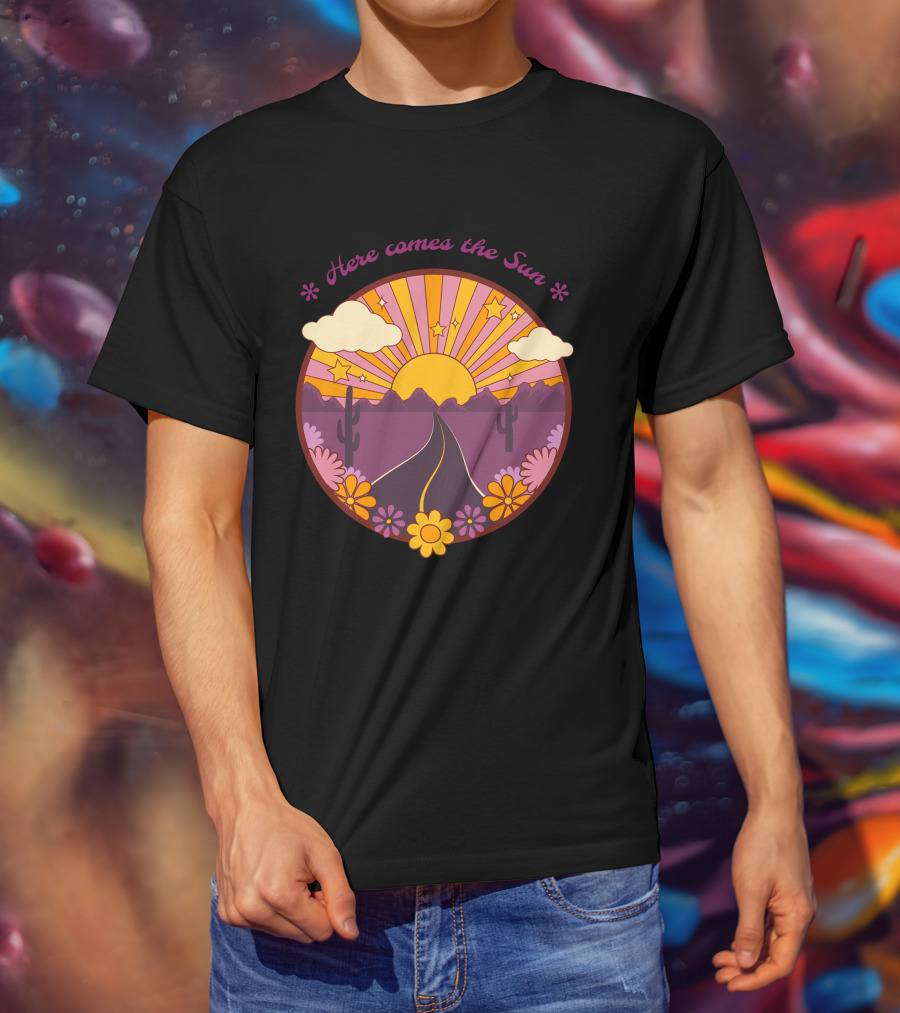 Here Comes The Sun Groovy Sunburst Desert Road With Flowers And Stars T-Shirt