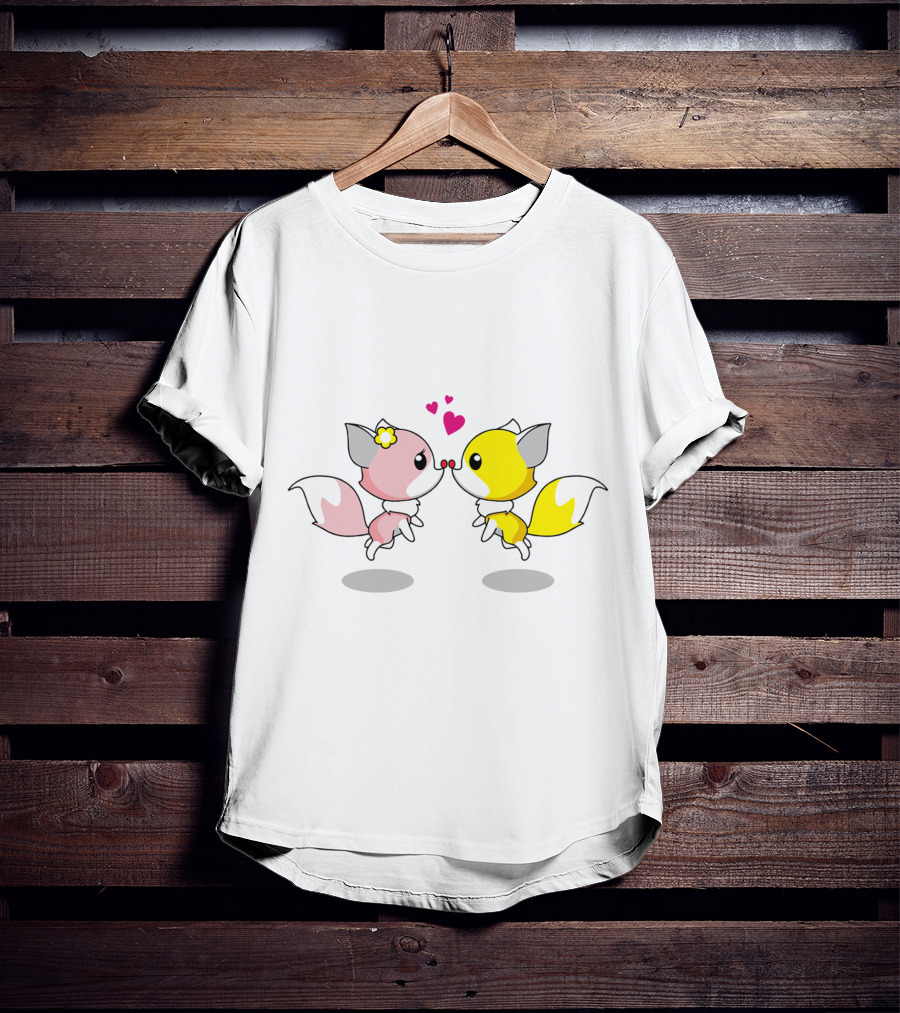 Cute Foxes In Love Kissing Hearts Blossom Yellow Pink Foxes T-Shirt