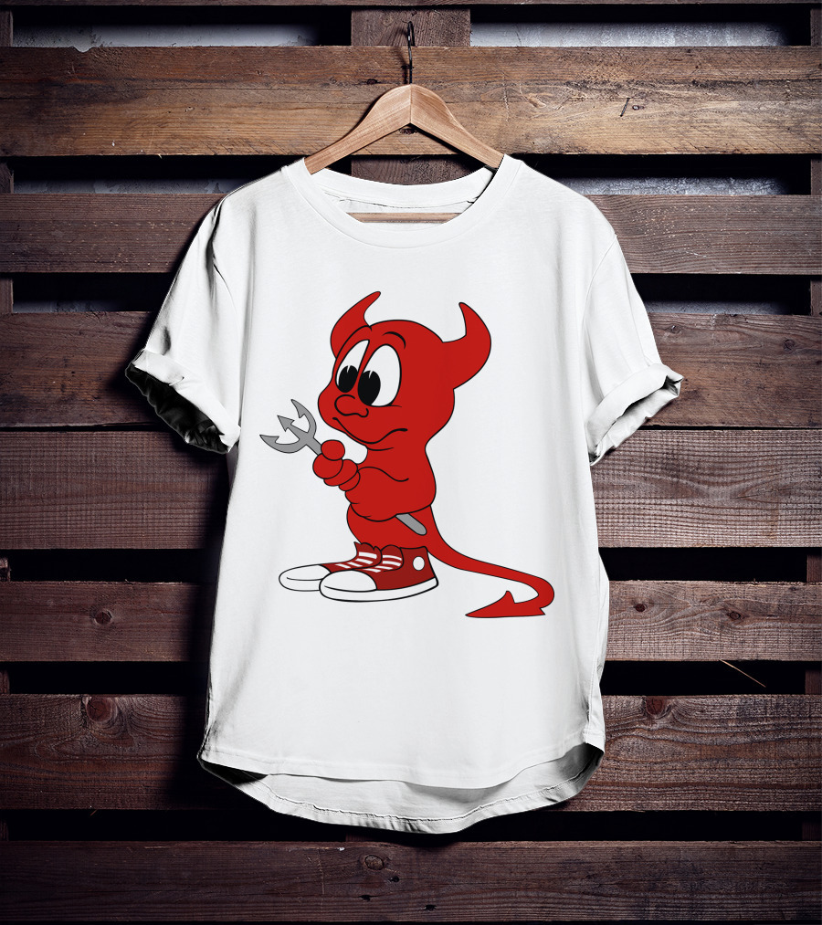Devil In Sneakers Holding Pitch Fork Cartoon T-Shirt