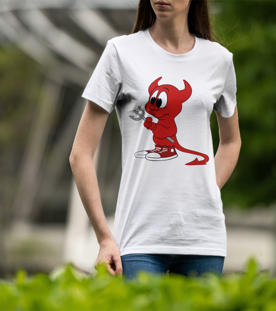 Devil In Sneakers Holding Pitch Fork Cartoon T-Shirt