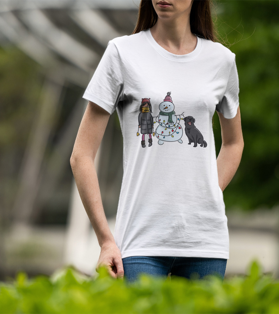 Girl With Yellow Scarf, Dog, And Snowman With Christmas Lights T-Shirt
