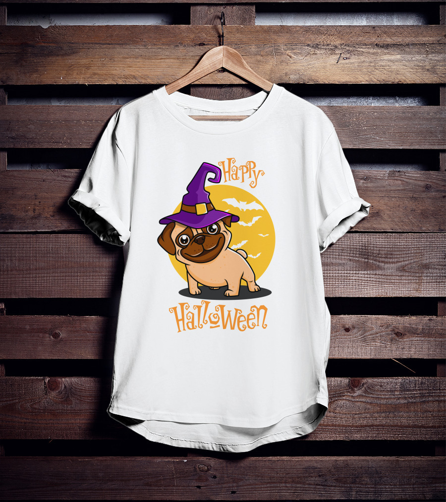 Happy Halloween Dog Witch Hat Full Moon Bats T-Shirt