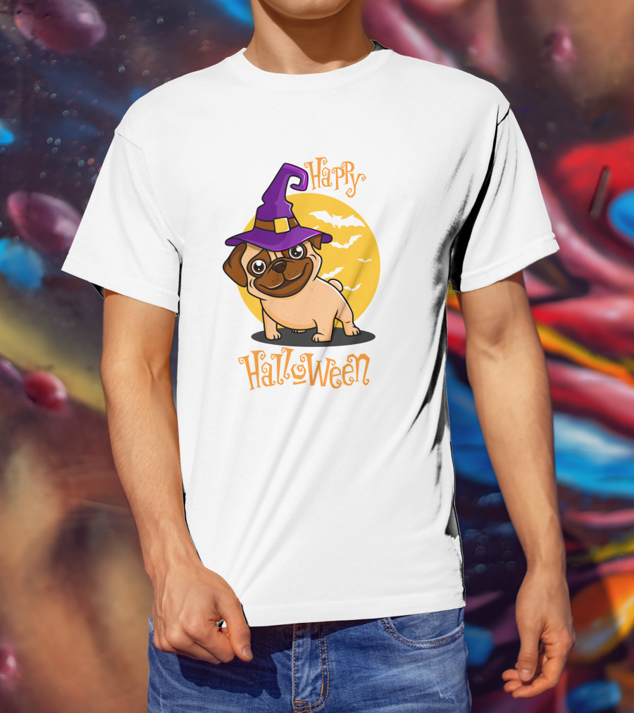 Happy Halloween Dog Witch Hat Full Moon Bats T-Shirt