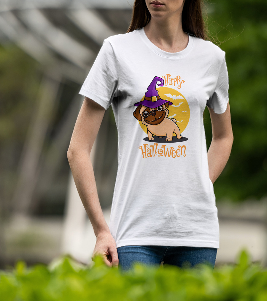 Happy Halloween Dog Witch Hat Full Moon Bats T-Shirt