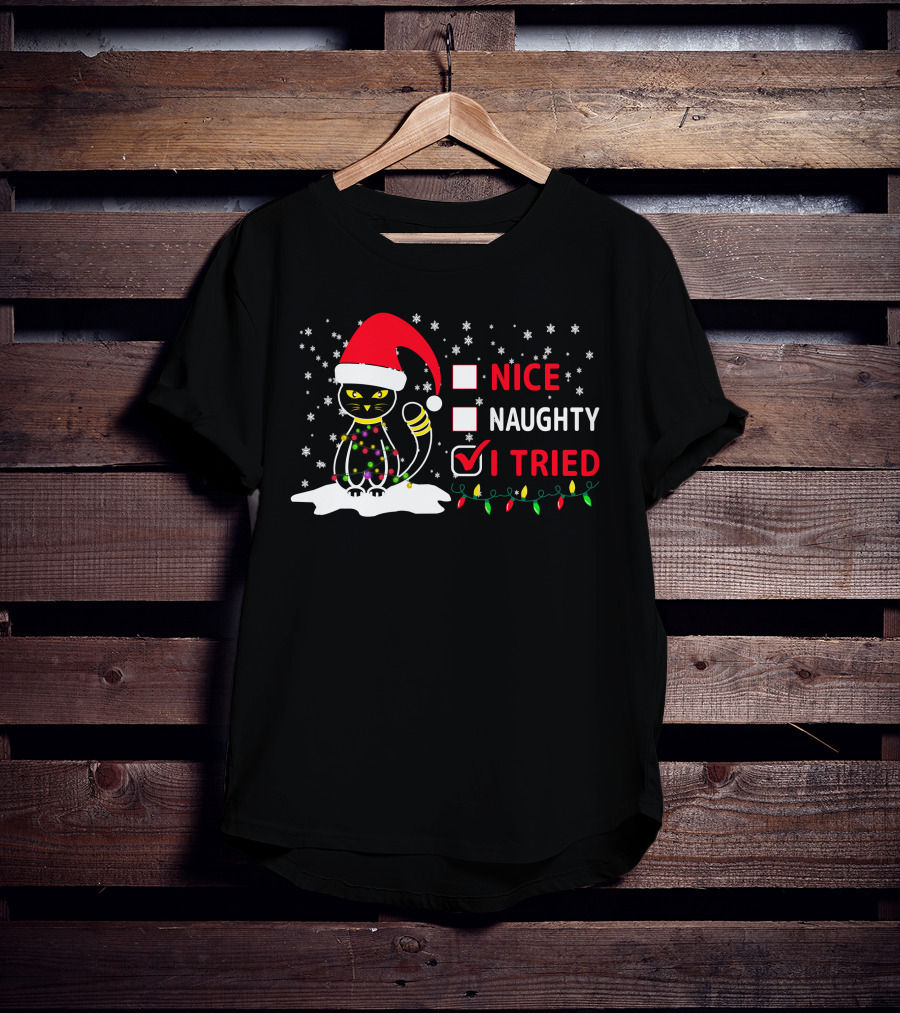 Nice Naughty Tried Christmas Cat Santa Hat Festive Lights T-Shirt