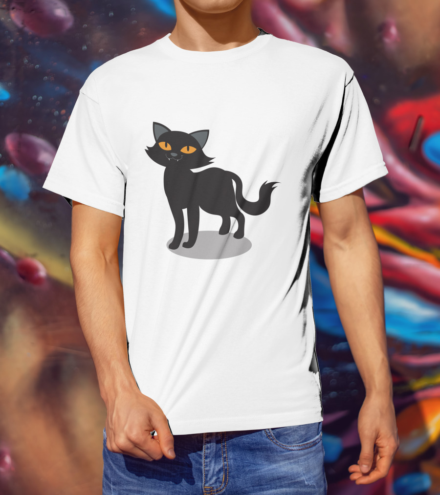 Cartoon Black Cat Illustration With Orange Eyes And Shadow T-Shirt