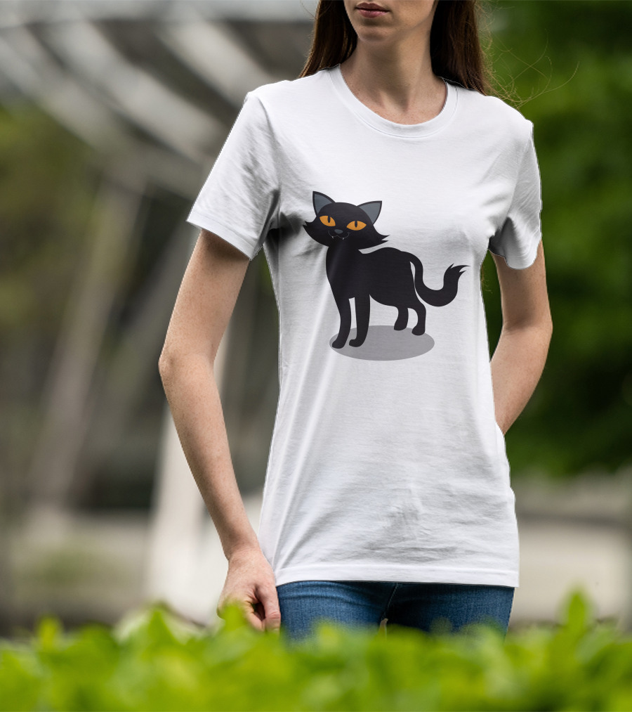 Cartoon Black Cat Illustration With Orange Eyes And Shadow T-Shirt