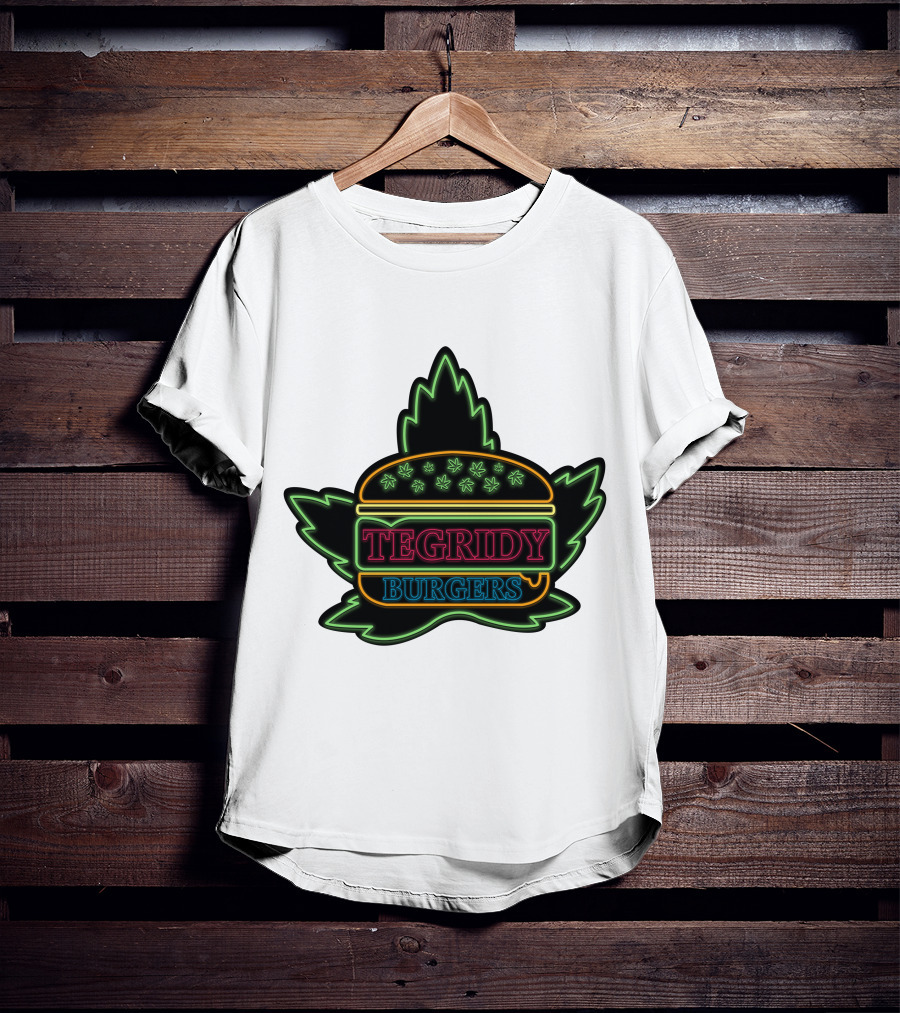 Tegridy Burgers Neon Sign With Leaf And Burger Outline T-Shirt