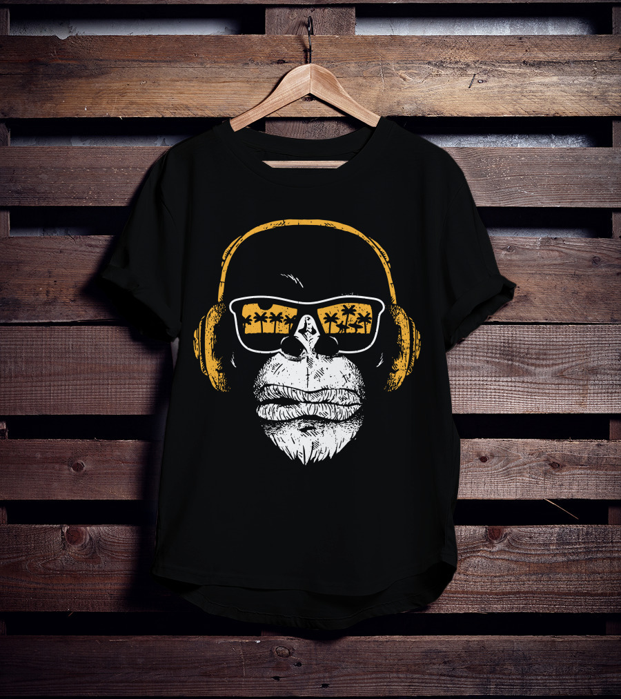 Monkey With DJ Headphones Sunglasses Palm Trees T-Shirt