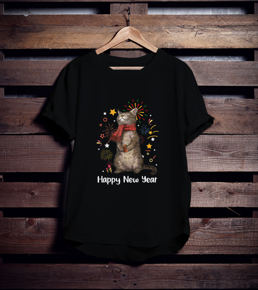Happy New Year Cat With Fireworks And Stars T-Shirt