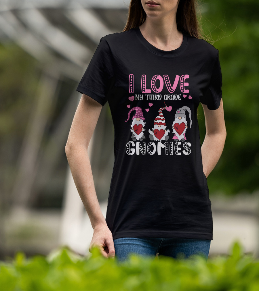 I Love My Third Grade Gnomies Hearts Pink Valentine Gnomes T-Shirt