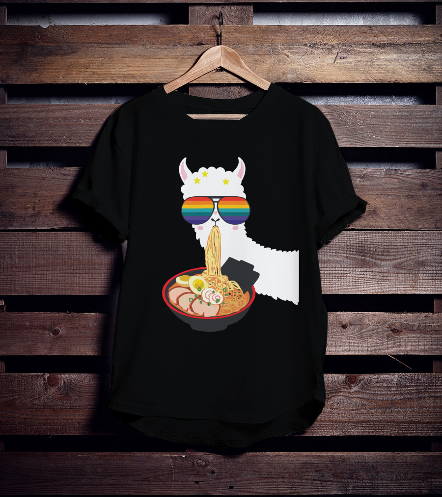 Rainbow Sunglasses LLama Eating Ramen Japanese Anime T-Shirt